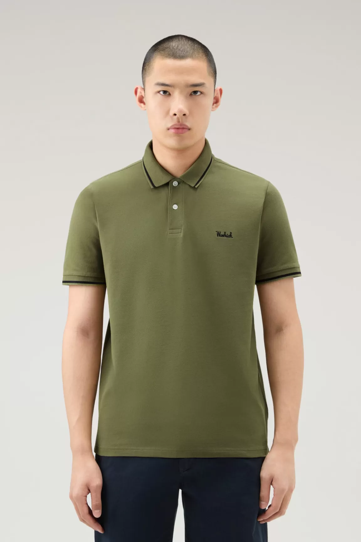 Woolrich Monterey-polo Van Elastische Katoenpiqué Met Gestreepte Boorden Lake Olive Fashion